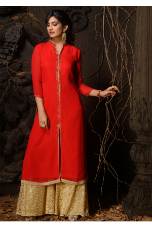 Red Color Designer Georgette Kurti